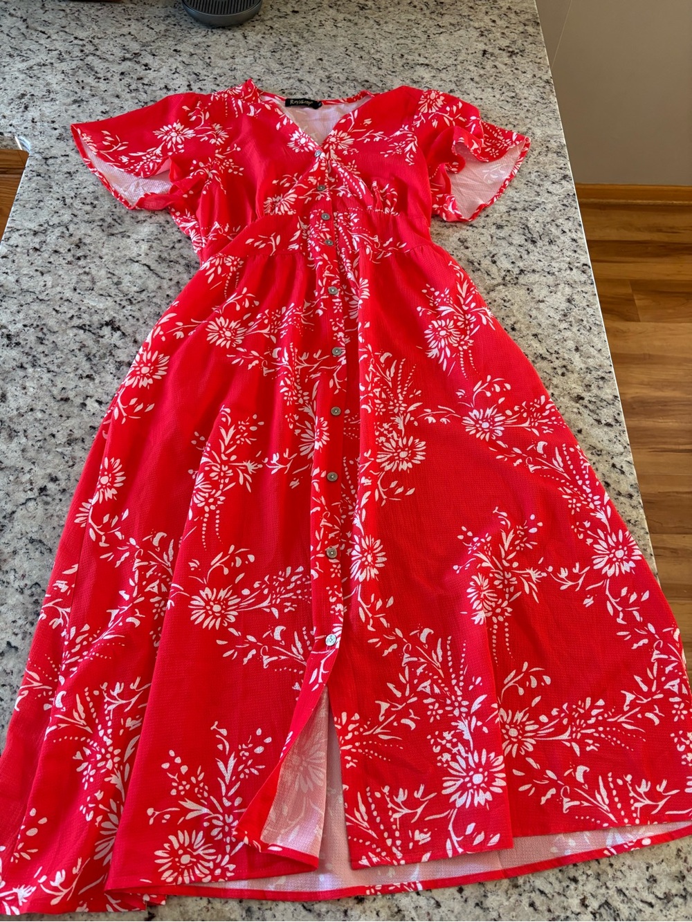 Red Orange Floral Button-Front Midi Dress - Picture 2 of 6